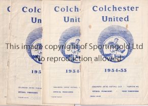 COLCHESTER UNITED Four home programmes for the League matches v Shrewsbury Town 4/12/1954, punched