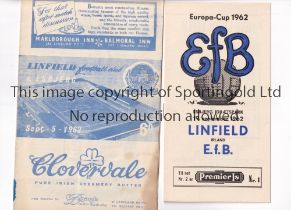 LINFIELD V ESBJERG Programmes for both Legs of the European Cup tie, 5/9/1962 at Linfield,