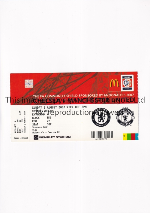 2007 COMMUNITY SHIELD / MANCHESTER UNITED V CHELSEA Unused ticket for the match at Wembley Stadium - Image 3 of 4