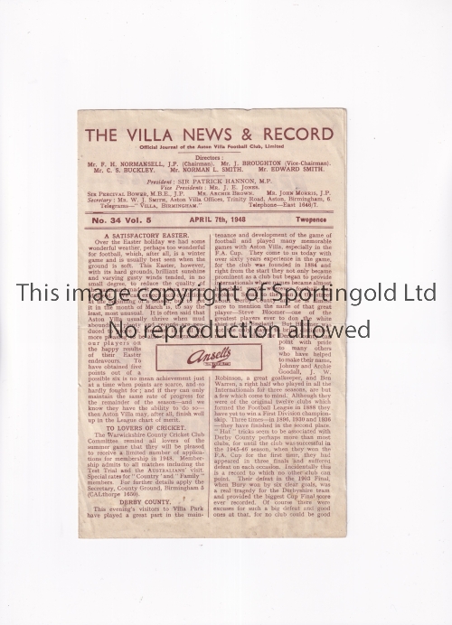 ASTON VILLA V DERBY COUNTY 1948 Programme for the League match at Aston Villa 7/4/1948, horizontal