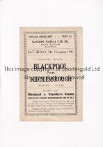 BLACKPOOL V MIDDLESBROUGH 1946 Programme for the League match at Blackpool 14/12/1946, very slightly