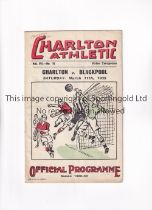 CHARLTON ATHLETIC V BLACKPOOL 1939 Programme for the League match at Charlton 11/3/1939,