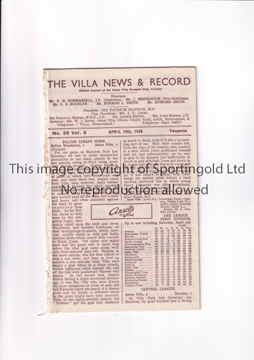 ASTON VILLA Six home programmes for season 1947/8 v Sheff. Utd. Reserves, Stoke Reserves, Burnley - Image 3 of 4