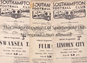 SOUTHAMPTON Three home programmes for the League matches v Fulham 27/12/1952, paper loss to top left