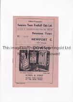 SWANSEA TOWN V NEWPORT COUNTY 1948 Programme for the League match at Swansea 26/3/1948, team