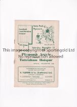 PLYMOUTH ARGYLE V TOTTENHAM HOTSPUR 1952 Programme for the Combination League match at Plymouth 22/