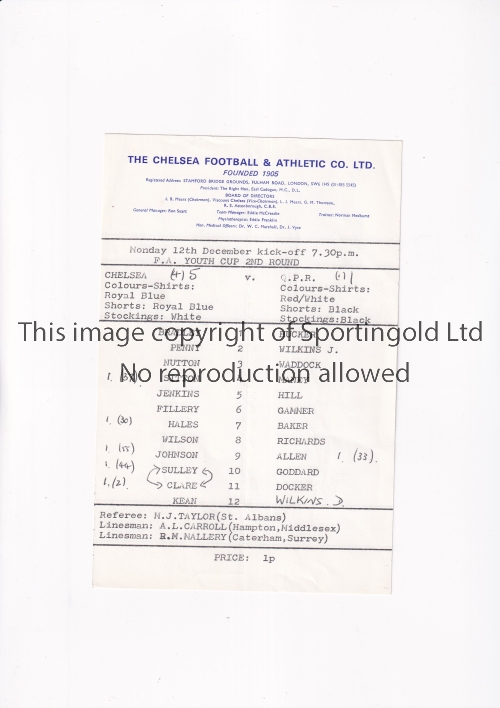 CHELSEA Single sheet programme for the home FA Youth Cup tie v QPR 12/12/1977, team changes and - Image 2 of 4