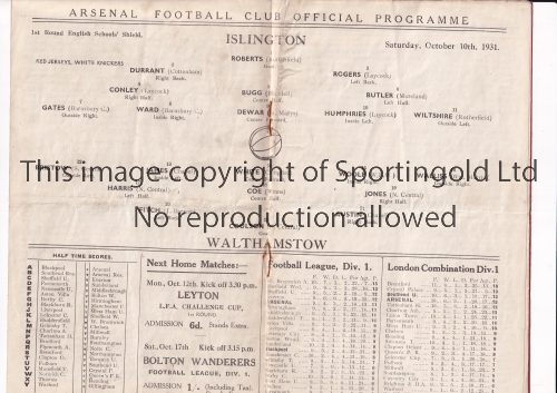 NEUTRAL AT ARSENAL 1931 Programme for the English Schools Football Shield tie at Highbury 10/10/ - Image 2 of 4