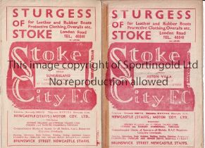 STOKE CITY Two home programmes v Aston Villa, 15/4/1950, horizontal crease, tape on the inside of