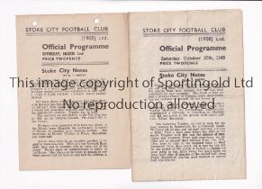 STOKE CITY Two home programmes for the 1945/6 season v Huddersfield Town 27/10/1945, slightly