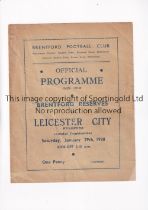 BRENTFORD v LEICESTER CITY 1938 Programme for the London Combination match at Brentford 29/1/38,