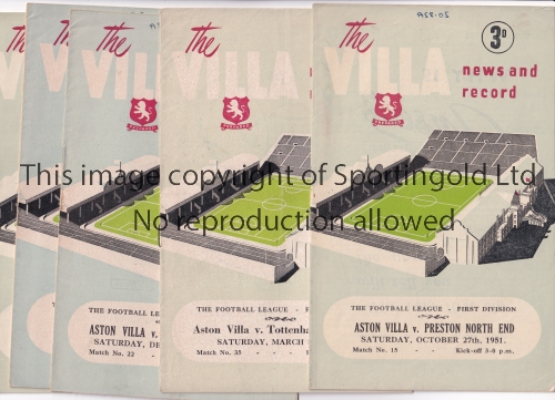 ASTON VILLA Five home programmes for the League matches v Arsenal 8/9/1951, Preston North End 27/ - Image 2 of 4