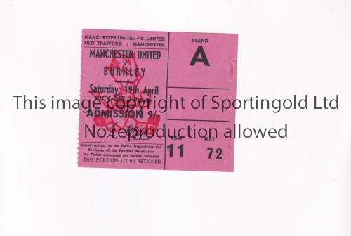 MANCHESTER UNITED Ticket for the home League match v Burnley 19/4/1969, vertical crease, holes - Image 4 of 4