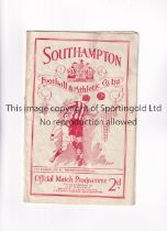 SOUTHAMPTON V BURY 1935 Programme for the League match at Southampton 16/9/1935, creased and team
