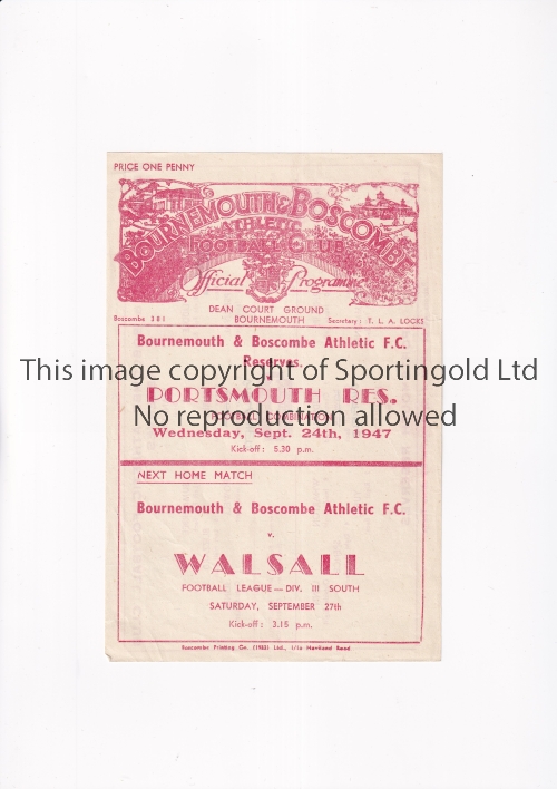 BOURNEMOUTH V PORTSMOUTH 1947 Single sheet programme for the Football Combination match at - Image 3 of 4