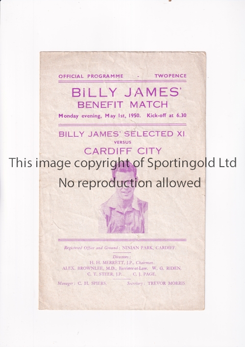 CARDIFF CITY Programme for the home Bully James' Benefit match at Ninian Park, Cardiff 1/5/1950,