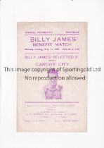 CARDIFF CITY Programme for the home Bully James' Benefit match at Ninian Park, Cardiff 1/5/1950,