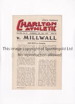 CHARLTON ATHLETIC V MILLWALL 1949 Programme for the Friendly match at Charlton 12/2/1949, team