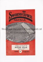 SWANSEA TOWN V ASTON VILLA 1963 Programme for the Friendly match at Swansea 23/2/1963, horizontal