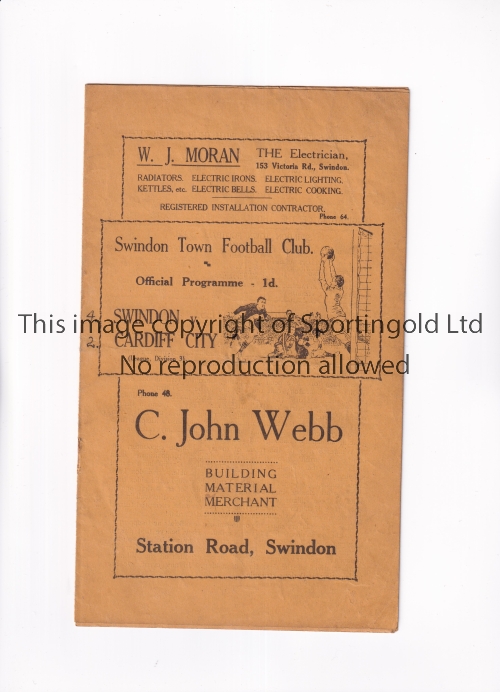 SWINDON TOWN V CARDIFF CITY 1936 Programme for the League match at Swindon 5/12/1936, horizontal