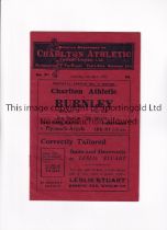 CHARLTON ATHLETIC V BURNLEY 1931 Programme for the League match at Charlton 4/4/1931, horizontal