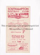 SOUTHAMPTON V PEGASUS 1954 Programme for the Floodlight Friendly match at Southampton 1/3/1954, tape