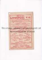 LIVERPOOL V BLACKPOOL 1947 Single sheet programme for the League match at Liverpool in their