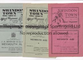 SWINDON TOWN Three home programmes v Crystal Palace 6/9/1947, horizontal creases and scores entered,