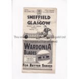 SHEFFIELD WEDNESDAY V GLASGOW 1949 Programme for the Friendly match at Sheffield 24/10/1949,