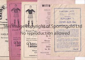 CREWE ALEXANDRA Five programmes: away v Runcorn AFC 6/11/1948 and Witton Albion 17/9/49, both