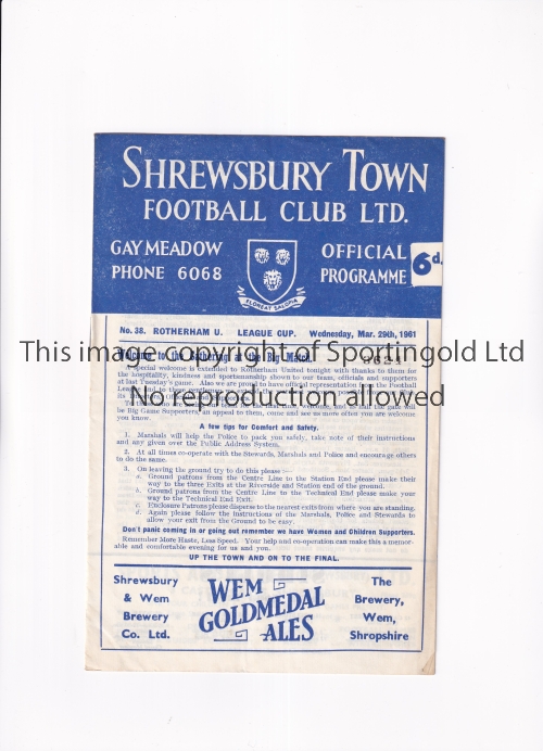 1961 LEAGUE CUP SEMI-FINAL / SHREWSBURY TOWN V ROTHERHAM UNITED Programme for the tie at