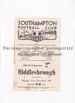 SOUTHAMPTON V MIDDLESBROUGH 1951 Programme for the Friendly match at Southampton 17/12/1951,