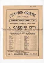 CLAPTON ORIENT V CARDIFF CITY 1939 Programme for the League match at Leyton 18/2/1939, slightly