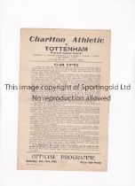 TOTTENHAM HOTSPUR Single sheet programme for the away FL South match v Charlton Athletic 11/12/1943,