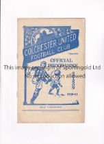 COLCHESTER UNITED V BRISTOL CITY 1951 / FIRST LEAGUE SEASON FOR COLCHESTER Programme for the
