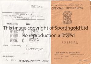 ARSENAL Two programmes for the away Youth Cup 5th round tie v Watford 18/3/1965, creased, taped