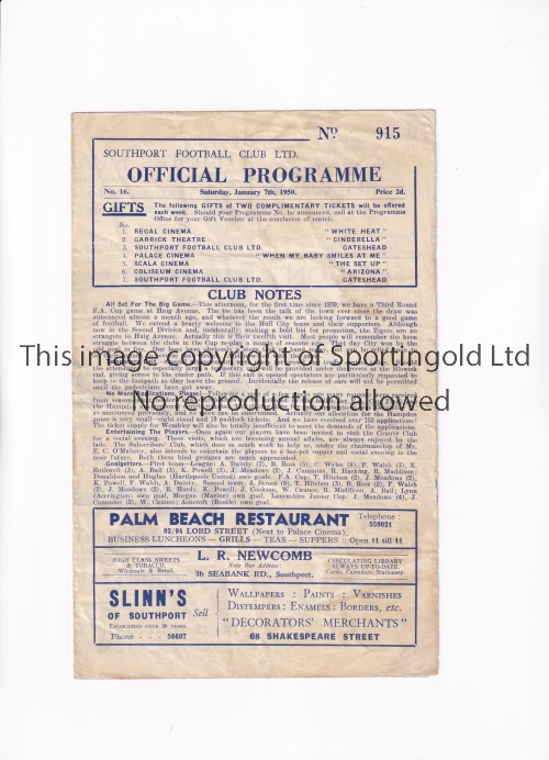 SOUTHPORT V HULL CITY 1950 FA CUP Programme for the tie at Southport 7/1/1950, creased, slightly