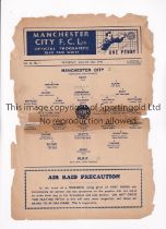 MANCHESTER CITY V R.A.F. 1940 Single sheet programme for the match at Maine Road 24/8/1940, paper