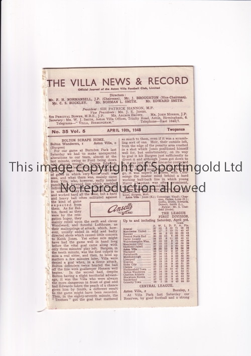 ASTON VILLA Six home programmes for season 1947/8 v Sheff. Utd. Reserves, Stoke Reserves, Burnley