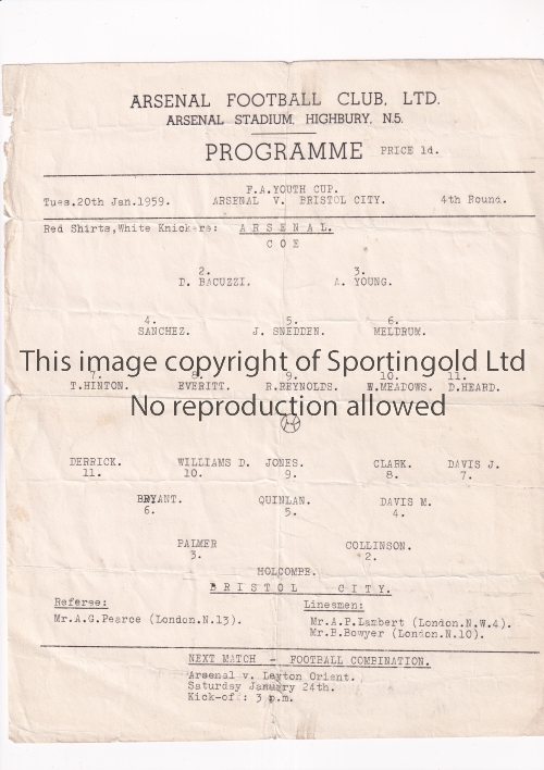 ARSENAL Single sheet programme for the home FA Youth Cup tie v Bristol City 20/1/1959, folded in - Image 4 of 4