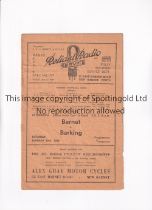 BARNET V BARKING 1948 Programme for the London Senior Cup tie at Barnet 10/1/1948, creased and worn.