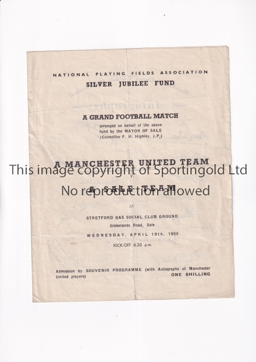 MANCHESTER UNITED Programme for the away Friendly v A Sale Team 19/4/1950 at the Stretford Gas