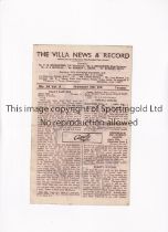 ARSENAL / 1947-8 CHAMPIONSHIP SEASON Programme for the away League match v Aston Villa 28/2/1948,