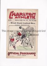 CHARLTON ATHLETIC V WEST HAM UNITED 1938 Programme for the London Combination match at Charlton 22/