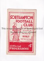 SOUTHAMPTON V BURNLEY 1960/1 LEAGUE CUP Programme for the tie at Southampton 6/2/1961, minor tears