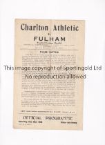 CHARLTON ATHLETIC V FULHAM 1943 Single sheet programme for the FL South match at Charlton 16/10/