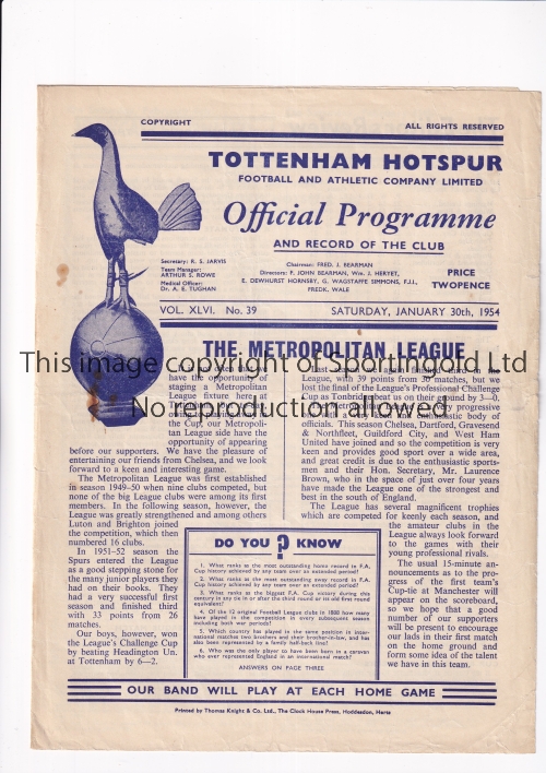 TOTTENHAM HOTSPUR V CHELSEA 1954 Programme for the Met. & District League match at Tottenham 30/1/