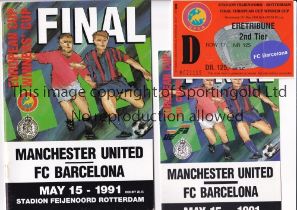 1991 ECWC FINAL / MANCHESTER UNITED V BARCELONA Official programme, 4 page programme, ticket, UEFA