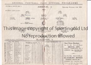 ARSENAL Programme for the home League match v Blackpool 11/2/1933, slightly creased, team changes