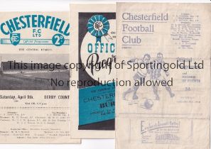 CHESTERFIELD Three home programmes for the Central League matches v Preston North End 8/9/1945,